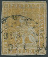 TOSCANA 2y O, 1853, 1 So. Gelb, Graublaues Papier, Allseits Breitrandig!, Nadelstich Und Kleine Kerbe Im Oberrand, Feins - Tuscany