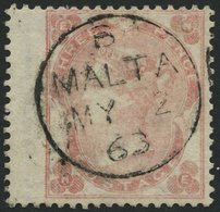MALTA GB 18 O, Vorläufer: 1863, 3 P. Blaßkarminrosa (SG 77) Mit Breitrand, Zentrischer Stempel B MALTA, Feinst - Gebraucht