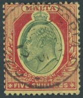 MALTA 40 O, 1911, 5 Sh. Karmin/hellgrün Auf Gelb, Feinst, Mi. 110.- - Oblitérés