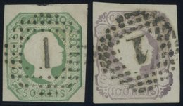 PORTUGAL 7a,8 O, 1855, 50 R. Gelbgrün Und 100 R. Lila, Nummernstempel 1, 2 Prachtwerte, Mi. 230.- - Oblitérés