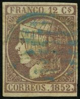SPANIEN 13 O, 1852, 12 Cs. Lila, Blauer Stempel, Pracht, Gepr. Pfenninger, Mi. 150.- - Autres & Non Classés