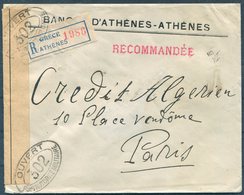 1916 Greece Athens Banque D'Athenes Registered Censor Cover - Credit Algerien, Paris France - Covers & Documents