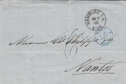 1868-letter From HAMBOURG I.A.  To Nantes ( France ) Postage 6 Blue Tampon + TOUR-T 3  FORBACH 3 Blue - Lettres & Documents