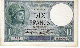 Billet De 10 Francs (minerve)"type 1915 Modifié - Le 7-11-1940 En T T B + - - 10 F 1916-1942 ''Minerve''