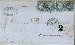 GC 532 / N° 60 Bande De 4 Càd T 17 BORDEAUX (32) Sur Lettre Pour Caracas, Au Recto Taxe 2 Reales Pour L'acheminement Int - 1871-1875 Cérès