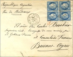 Etoile 1 / N° 60 Type 1 Bloc De 4 Càd PARIS / PL. DE LA BOURSE Sur Lettre Pour Le Consulat De France à Buenos Ayres. 187 - 1871-1875 Ceres