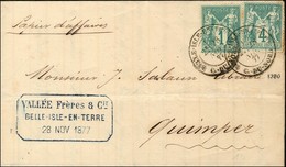 Càd BELLE ISLE EN TERRE / C. DU NORD / N° 61 + N° 63 Sur Papiers D'affaires Au 1er échelon Pour Quimper. 1877. - SUP. -  - 1876-1878 Sage (Typ I)