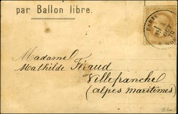 Càd PARIS / R. MONTAIGNE 4 OCT. 70 / N° 28 Sur CP PAR BALLON LIBRE Pour Villefranche (Alpes Maritime) Sans Càd D'arrivée - Oorlog 1870