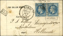 Etoile / N° 29 Paire Càd PARIS (60) 11 OCT. 70 Sur Lettre PAR BALLON MONTE Pour Amsterdam. Au Verso, Càd D'arrivée 19 OC - Krieg 1870