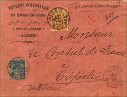 Càd ALGER / BOURSE / N° 90 + 94 Sur Lettre Recommandée 2 Ports Pour Tripoli De Barbarie. 1895. - TB / SUP. - R. - Autres & Non Classés