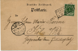 ROSENBERG / Susz - 1891 , Postkarte Nach Köln - Entiers Postaux