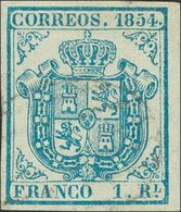 º34A. 1854. 1 Real Azul Pálido, Borde De Hoja. Márgenes Enormes Y Matasello Muy Leve. PIEZA DE LUJO, CASI CON TODA SEGUR - Otros & Sin Clasificación