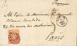 Sobre 44. 1857. 4 Cuartos Rojo. MADRID A PARIS (FRANCIA). En El Frente Tasa Manuscrita "5" (décimas) Según El Convenio C - Autres & Non Classés