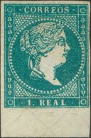 (*)45. 1855. 1 Real Azul Verdoso, Borde De Hoja (inapreciable Manchita Del Tiempo). MAGNIFICO Y RARISIMO EN NUEVO. Cert. - Andere & Zonder Classificatie