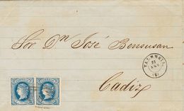 Sobre 63(2). 1864. 2 Cuartos Azul, Dos Sellos. VALENCIA A CADIZ. MAGNIFICA Y RARA COMBINACION PARA COMPONER LA TARIFA DE - Other & Unclassified