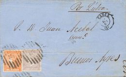 Sobre 82, 85. 1866. 12 Cuartos Naranja Y 20 Cts Lila (doblez De Archivo). CADIZ A BUENOS AIRES (ARGENTINA), Circulada Ví - Sonstige & Ohne Zuordnung