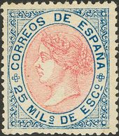 (*)95. 1867. 25 Mils Azul Y Rosa. MAGNIFICO. Cert. CEM. Edifil 2018: 340 Euros - Autres & Non Classés