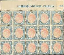 (*)95(15). 1867. 25 Mils Azul Y Rosa, Bloque De Quince Sellos, Borde De Hoja Con Leyenda (conservación Habitual). MAGNIF - Autres & Non Classés