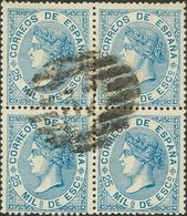 º97(4). 1868. 25 Mils Azul, Bloque De Cuatro. Matasello PARRILLA CON Nº37, De Palma De Mallorca. MAGNIFICO. Edifil 2014: - Otros & Sin Clasificación