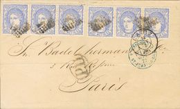 Sobre 107(6). 1872. 50 Mils Ultramar, Dos Tiras De Tres. CADIZ A PARIS (FRANCIA). MAGNIFICA E INUSUAL Y ESPECTACULAR COM - Autres & Non Classés