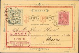 Sobre 202. 1887. 10 Cts Rosa. Tarjeta Postal Decorada Con Membrete Del Comerciante Filatélico Leopoldo López De MADRID A - Otros & Sin Clasificación