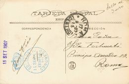 Sobre 242. 1907. 5 Cts Verde. Tarjeta Postal De MADRID A ROMA (ITALIA). Matasello CORREOS / ESTAFETA / DEL / CONGRESO, E - Altri & Non Classificati