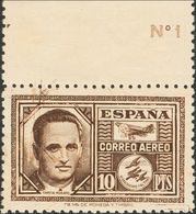 **992cc. 1945. 10 Pts Castaño Negro, Borde De Hoja. Variedad CAMBIO DE COLOR. MAGNIFICO Y RARO. Cert. CEM. Edifil 2019:  - Autres & Non Classés