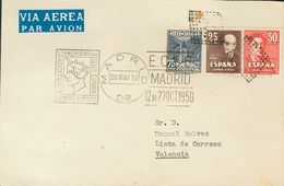 Sobre 1015/16. 1950.  Serie Completa Y 75 Cts Azul De Andorra. MADRID A VALENCIA. Matasello ROMBO DE PUNTOS Y RODILLO, A - Otros & Sin Clasificación