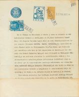 Sobre . 1937. 10 Cts Azul Y Rojo AJUDEU A LA CRUZ ROJA, Diez Sellos, Sobre Documento Testifical Del Juzgado Nº3, De Barc - Andere & Zonder Classificatie