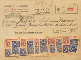 Fragmento . (1937ca). 2 Pts Azul Ultramar, Diez Sellos Y 5 Pts Lila, Cinco Sellos, Sobre Una Tarjeta Del Ministerio De L - Otros & Sin Clasificación