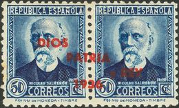 *25hdh, 33hdh. 1937. 2 Cts Castaño Rojo Y 50 Cts Azul. Variedad SOBRECARGA "A CABALLO" ENTRE LOS SELLOS. MAGNIFICOS Y RA - Other & Unclassified