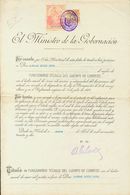 Sobre B11. 1932. 1 Pts Castaño Y Fiscal De 12 Pts (4ª Clase) Sobre Documento De Nombramiento De Funcionario Técnico Del  - Altri & Non Classificati