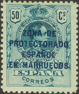 **77hcc. 1921. 50 Cts Verde Azul. Variedad CAMBIO DE COLOR EN LA SOBRECARGA, En Azul. MAGNIFICO Y RARO. Edifil 2013: +20 - Autres & Non Classés