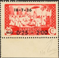 **161he. 1936. 0'25 + 2 Pts Sobre 25 Cts Rojo, Borde De Hoja. Variedad SIN LINEAS DEL VALOR DE LA DERECHA. MAGNIFICO Y R - Autres & Non Classés