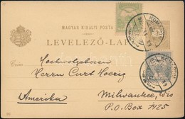 1900 2kr Díjjegyes Millenniumi Levelezőlap Turul 1f és 5f Díjkiegészítéssel Komáromból Az Egyesült Államokba, Ritka Vegy - Altri & Non Classificati