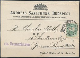 1893 Levél Előlap Az Egyesült Államokba, S.A.H.J. Céglyukasztásos Bélyeggel - Other & Unclassified