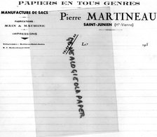 87 - SAINT JUNIEN-RARE LETTRE EN TETE PIERRE MARTINEAU - IMPRIMERIE PAPETERIE MANUFACTURE DE SACS- ANNEES 1930 - Druck & Papierwaren