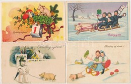 6 Db RÉGI Malacos újévi üdvözlő Motívumlap / 6 Pre-1945 New Year Greeting Art Postcards With Pigs - Non Classés