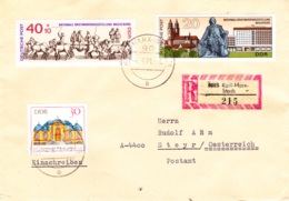 1969, DDR, "Nationale Briefmarkenausstellung - 20 Jahre DDR", Kompletter Satz + "Bedeutende Bauten" (30 Pfg.), REC - Enveloppes Privées - Oblitérées