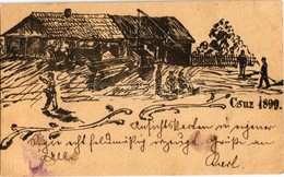 T4 1899 Csúz, Cúz, Dubník; Kézzel Rajzolt Művészlap, Gémeskút, Gazdasági Udvar / Hand-drawn Art Postcard, Shadoof, Farms - Zonder Classificatie