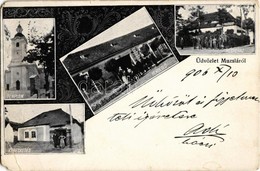 T4 1906 Muzsla, Muzla; Vendéglő, étterem, Megyeház, Római Katolikus Templom, üzlet. Szecessziós Keret / Restaurant, Coun - Ohne Zuordnung