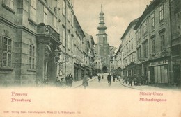 ** T2 Pozsony, Pressburg, Bratislava; Mihály Utca, Ifj. Ignátz Lunzer üzlete / Michaelergasse / Street View With Shop - Zonder Classificatie