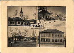 T3 Zsigárd, Zigárd, Zihárec; Református Templom, Római Katolikus Iskola, Utcakép Télen / Calvinist Church, Catholic Scho - Non Classés