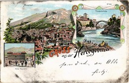 * T2/T3 1895 (Vorläufer!) Mostar, Römerbrücke, Hotel Narenta / Roman Bridge And Hotel. Art Nouveau, Floral, Litho (worn  - Ohne Zuordnung