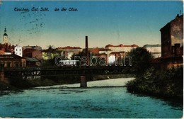 T2/T3 1914 Cieszyn, Teschen; An Der Olsa. Verlag S. Holländer / Olsa Riverside, Bridge With Tram (EK) - Ohne Zuordnung