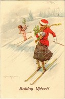 T2/T3 Boldog Újévet! / Winter Sport, New Year Greeting Card With Skiing Lady And Angel, Artist Signed (EK) - Unclassified