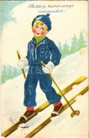 T2/T3 Boldog Karácsonyi Ünnepeket! / Winter Sport, Christmas Greeting Card With Skiing Boy (EK) - Zonder Classificatie