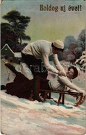 T2/T3 1910 Boldog Újévet! / Winter Sport, New Year Greeting Card With Sledding Couple (EB) - Non Classés