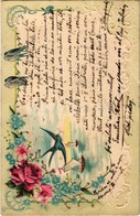 T2 1901 Greeting Card With Swallows, Sailboats. Art Nouveau, Emb. Floral Litho - Unclassified