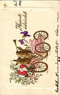 T2 1904 Húsvéti üdvözlet / Easter Greeting Card, Rabbit And Chicken In An Automobile. Art Nouveau, Floral, Emb. Golden L - Non Classificati